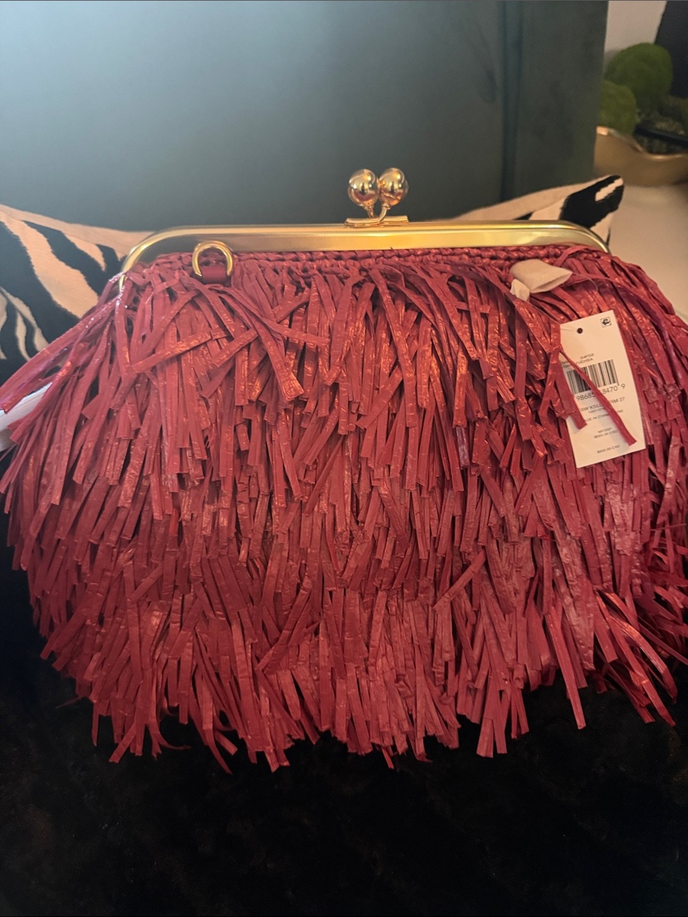 Coach Raspberry Fringe Clutch with Gold Frame